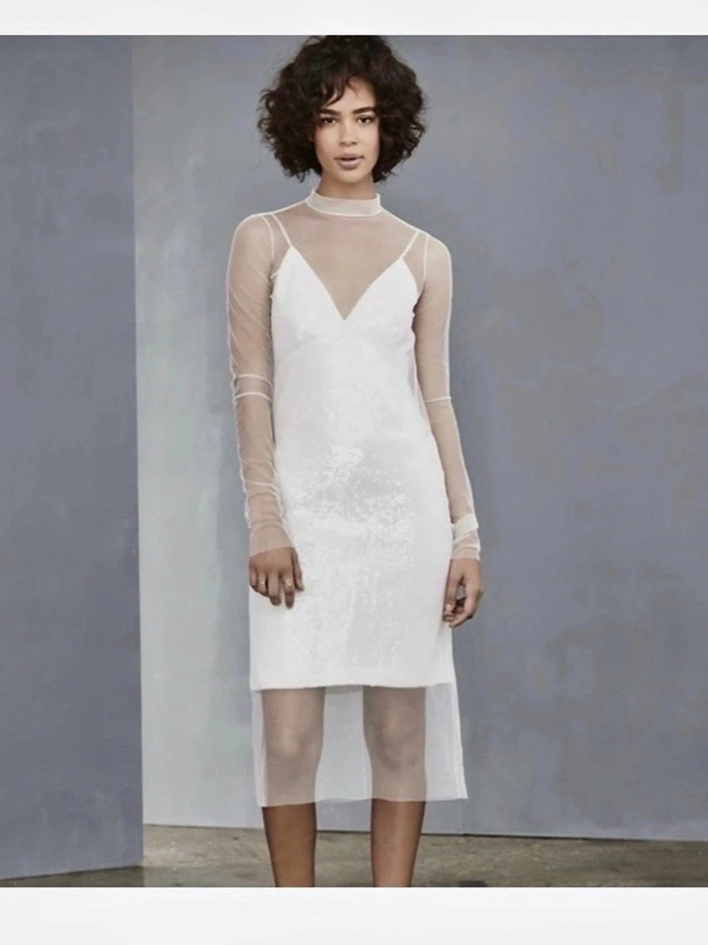 AMSALE Sequin Sheer Mesh Long Sleeve Mini Dress Kaelie White Sequin